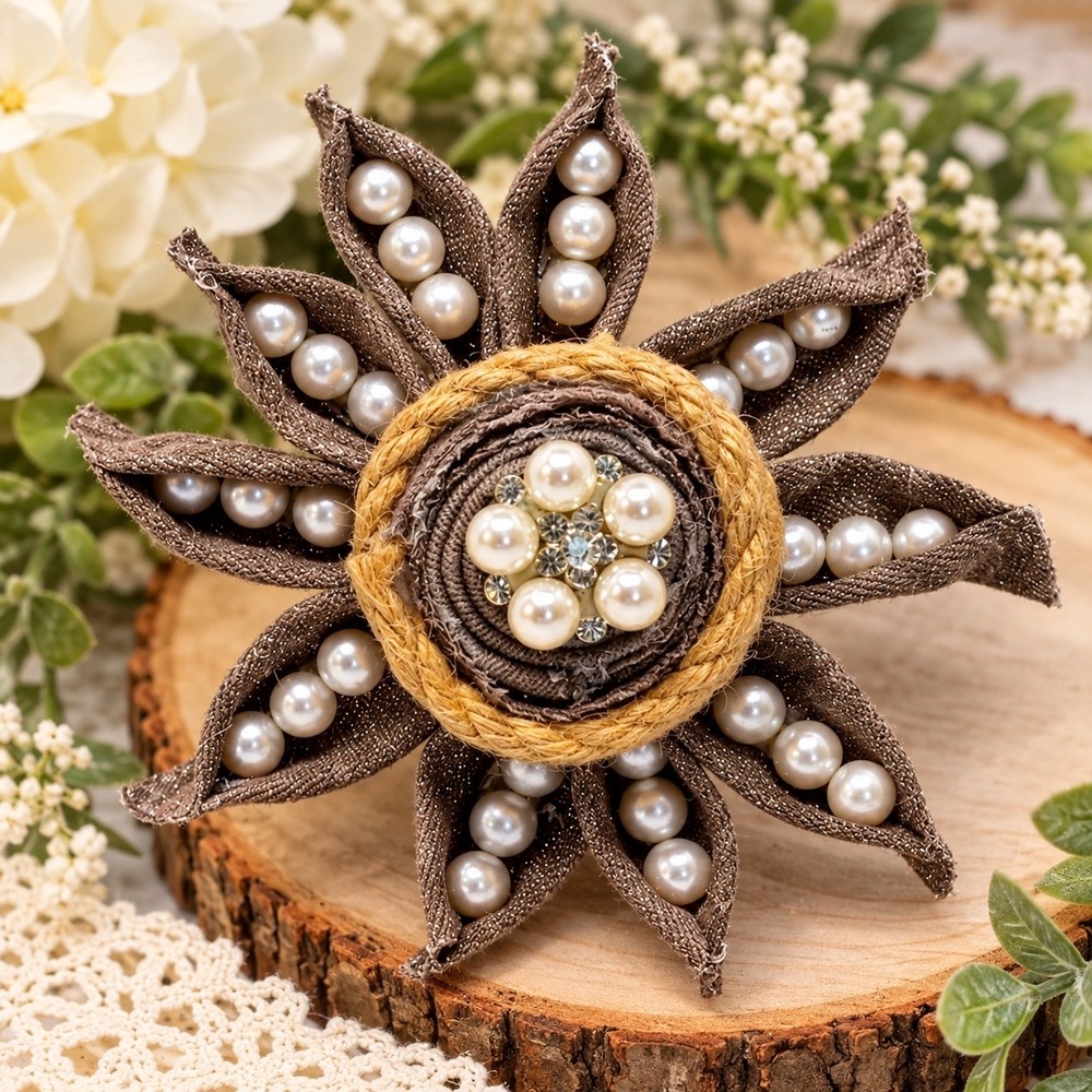 Handmade Fabric Flower Magnet Brown Shimmer Faux Pearl Rhinestone Rustic 16